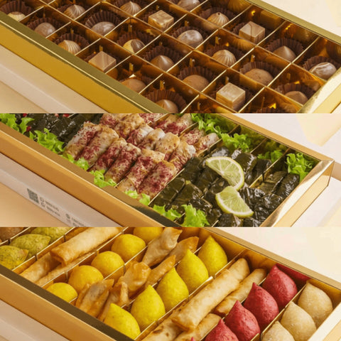 Combo 11 — Three Large Boxes — Grape Leaves & Musakhan, Kubbeh Mix & Minibites Belgian Chocolate