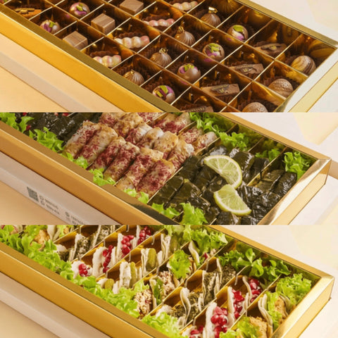 Combo 12 — Three Large Boxes — Mini Taco, Grape Leaves & Musakhan with Marble Belgian Chocolate