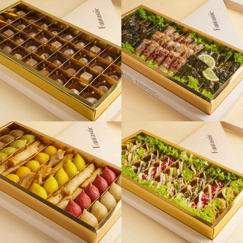 Combo 13 — Four Large Boxes — Kubbeh Mix, Grape Leaves & Musakhan, Mini Taco & Minibites Belgian Chocolate