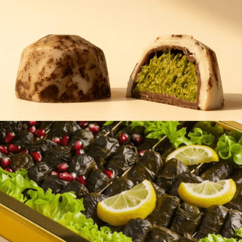 Combo 3 — Half & Half Box — Grape Leaves & Kunafa Pistachio Marble Belgian Chocolate