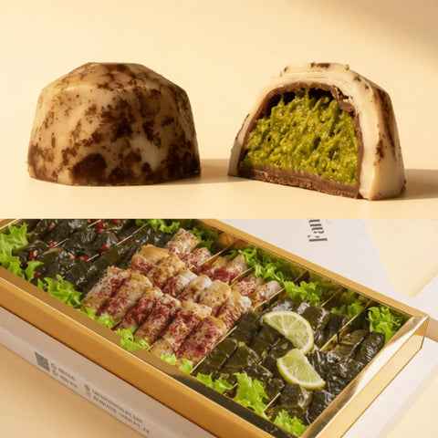 Combo 6 — One & Half Box — Grape Leaves & Musakhan with Kunafa Pistachio Marble Belgian Chocolate