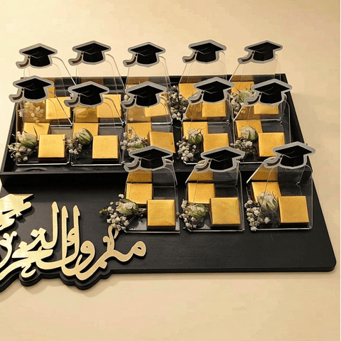 Graduation Chocolate Wooden Tray with Fresh Flowers