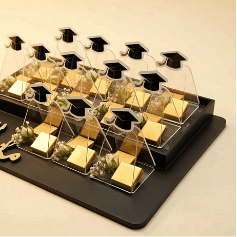 Graduation Chocolate Wooden Tray with Fresh Flowers
