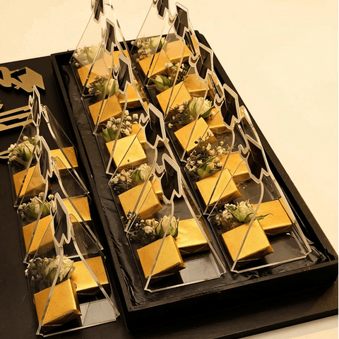 Graduation Chocolate Wooden Tray with Fresh Flowers