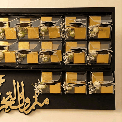 Graduation Chocolate Wooden Tray with Fresh Flowers