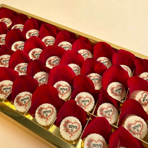 Box of White Love-Printed Chocolate with Red Rose Petals