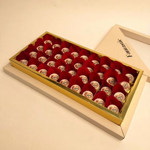 Box of White Love-Printed Chocolate with Red Rose Petals