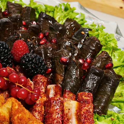 Mixed Savory Platter of Grape Leaves, Musakhan & Sambousek