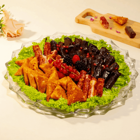 Mixed Savory Platter of Grape Leaves, Musakhan & Sambousek