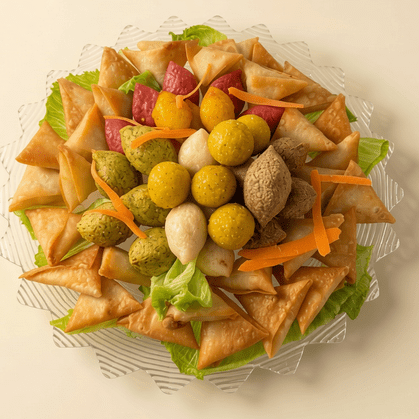 Mixed Savory Platters of Grape Leaves, Musakhan, Kubbeh, Samosa