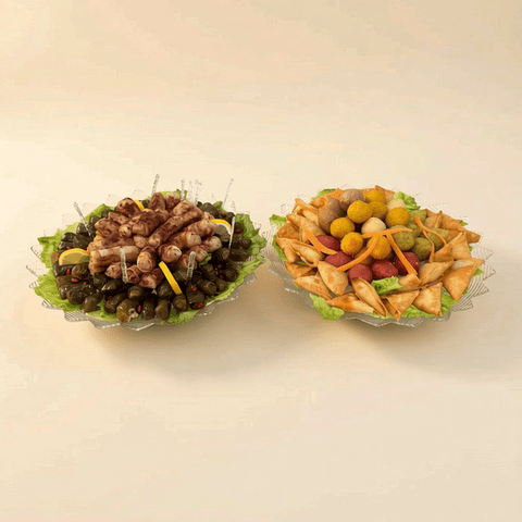 Mixed Savory Platters of Grape Leaves, Musakhan, Kubbeh, Samosa