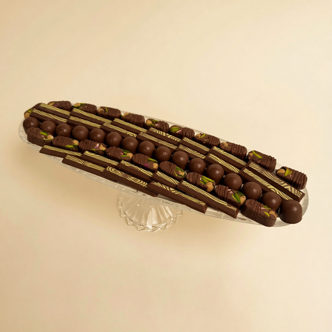 Long Crystal Tray — Assorted Chocolate with Pistachio, Pecan & Crunchy Biscuit