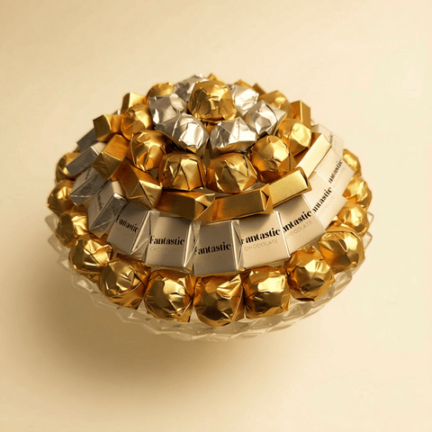 Round Crystal Tray — Gold & Silver Wrapped Chocolate