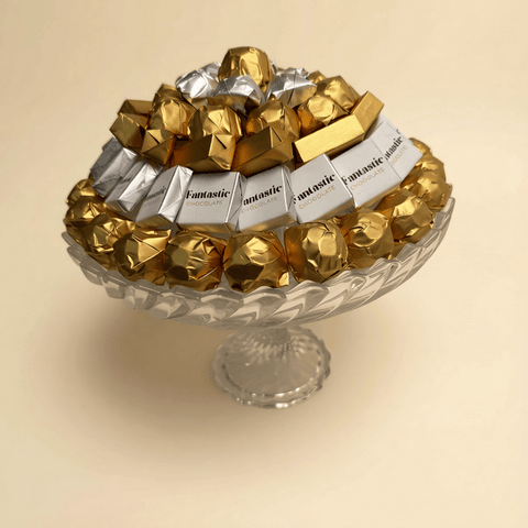 Round Crystal Tray — Gold & Silver Wrapped Chocolate