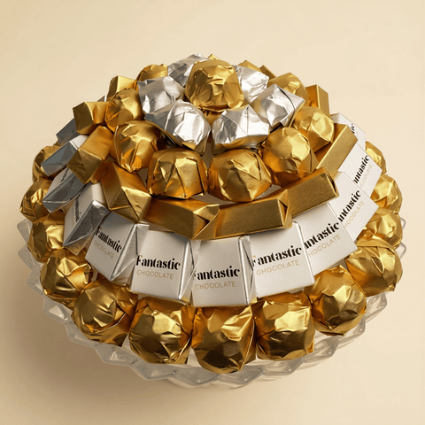 Round Crystal Tray — Gold & Silver Wrapped Chocolate