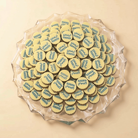 Round Crystal Tray of Corporate Branded Chocolate