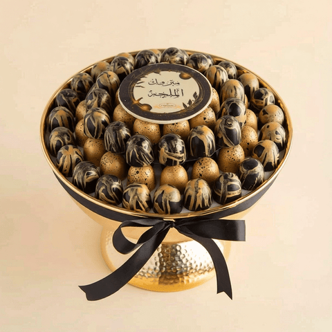 Round Gold Tray of Black and Gold Marble Chocolate