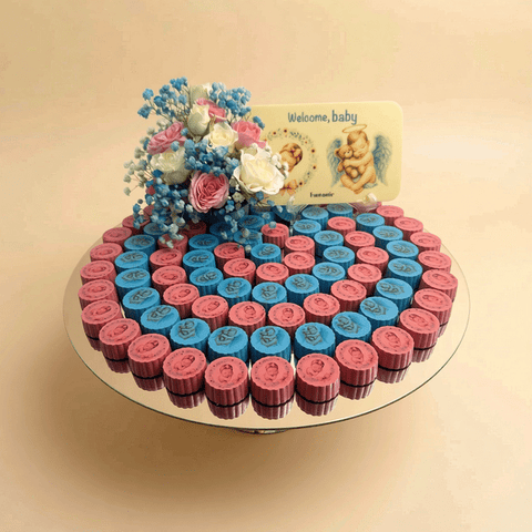 Round Mirror Tray of Gender Reveal Blue Pink Chocolate