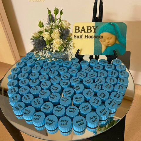 Round Mirror Tray of Name Printed Blue Chocolate