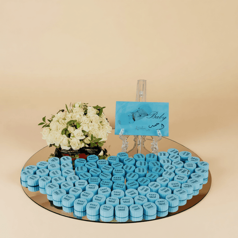 Round Mirror Tray of Name Printed Blue Chocolate