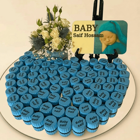 Round Mirror Tray of Name Printed Blue Chocolate