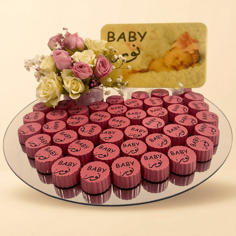 Round Mirror Tray of Name Printed Pink Chocolate 40 pieces