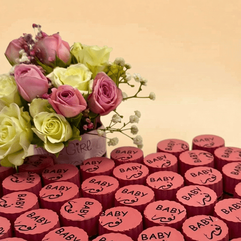 Round Mirror Tray of Name Printed Pink Chocolate 40 pieces