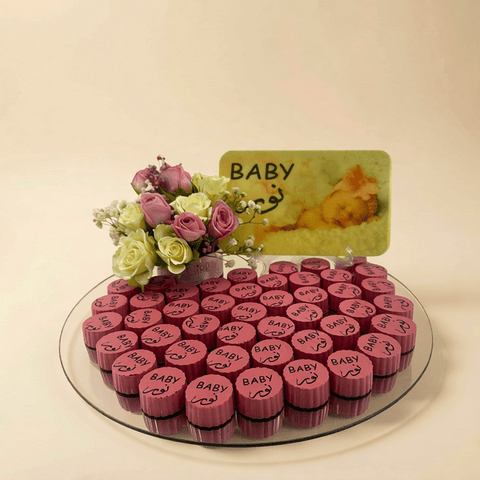 Round Mirror Tray of Name Printed Pink Chocolate 40 pieces