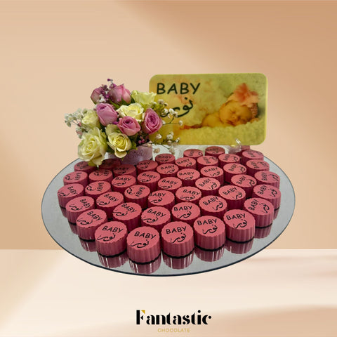 Round Mirror Tray of Name Printed Pink Chocolate 40 pieces