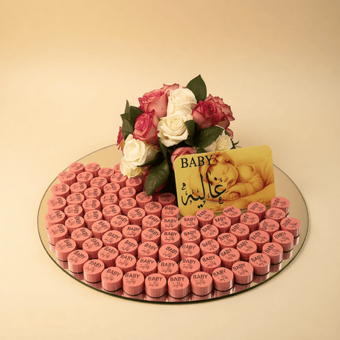 Round Mirror Tray of Name Printed Pink Chocolate 80 pieces