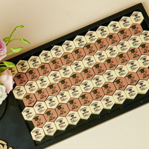 Wooden Graduation Tray Hexagon Shaped Printed Chocolate