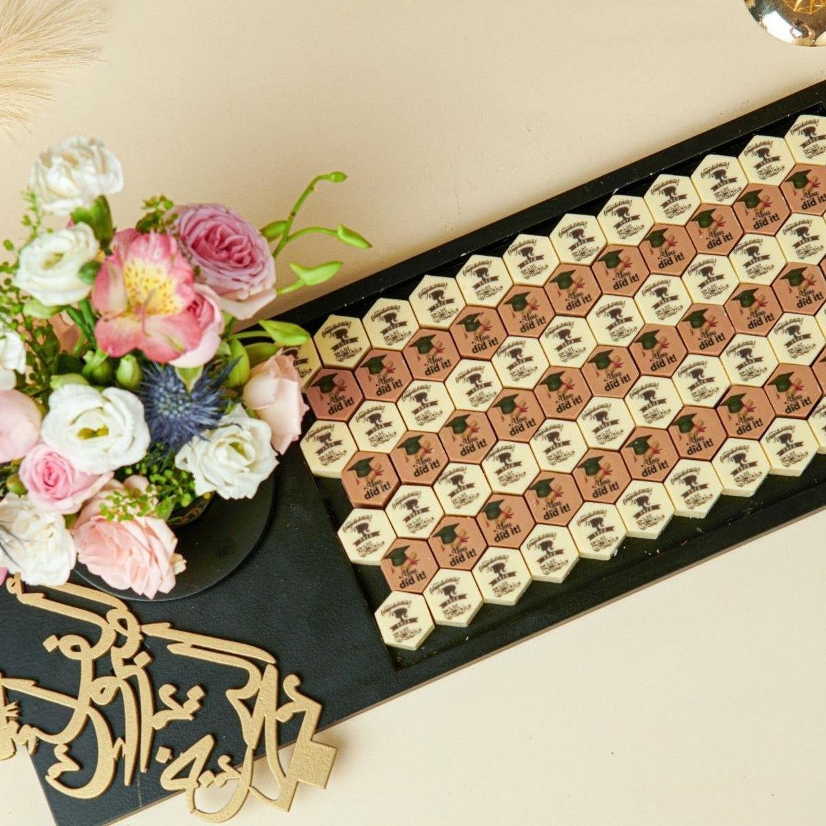 Wooden Graduation Tray Hexagon Shaped Printed Chocolate